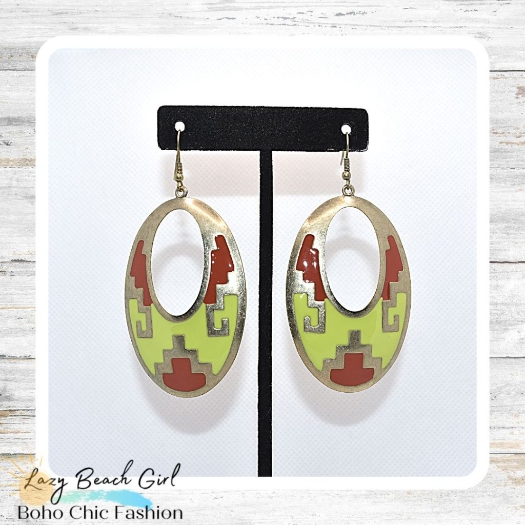 Green Red Ethnic Patterned Metal Earrings